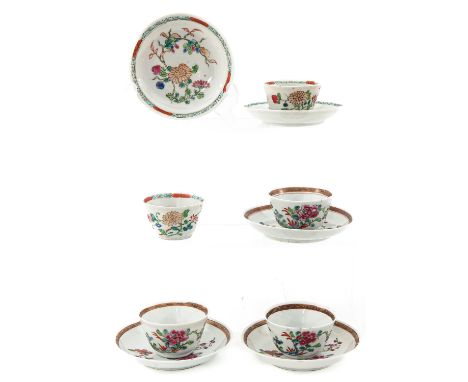 Including 5 Famille Rose cups and saucers, largest saucer is 11 cm. in diameter, in diverse conditions.