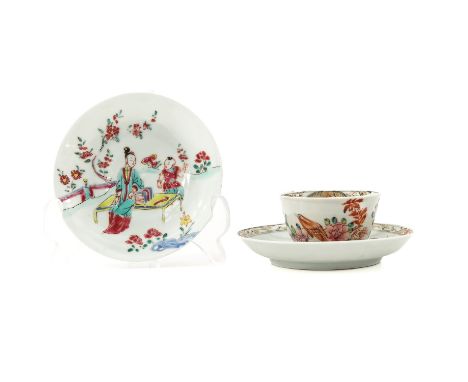 Famille Rose enamels depicting depicting flowers and bird and Chinese figures, 18th Century, including, saucers are 11 cm. in