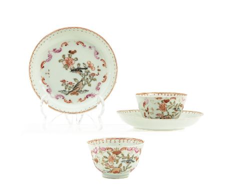 Floral decor, saucers are 12 cm. in diameter, chip and hairline.