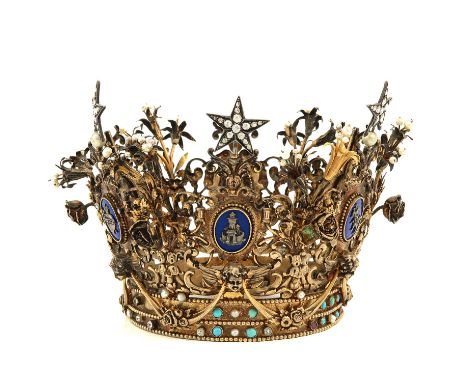 Made for a large statue of a Saint, set with 48 diamonds, enamel plaques, turquoise, and colored stones, outside diameter is 