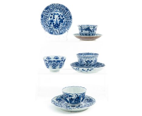 Including 4 cups and 4 saucers in blue and white decors, including Kangxi mark and 18th Century, largest saucer is 15 cm. in 