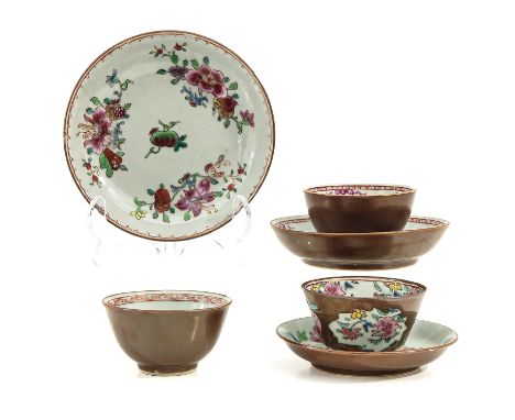 Batavianware with Famille Rose decors, 18th Century, saucers are 13 cm. in diameter, chip and hairline. 