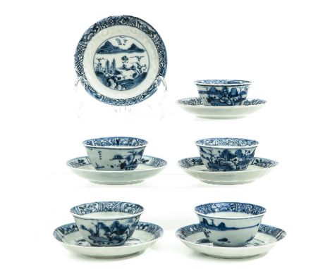 Blue and white landscape decor, 18th Century, saucers are 10 cm. in diameter.