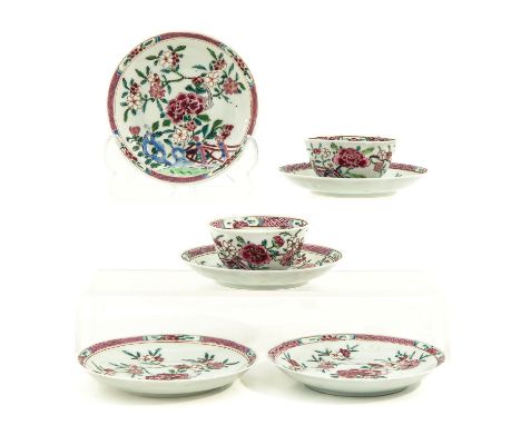 Including 5 saucers and 2 cups, decorated with flowers, saucers are 12 cm. in diameter, chip.