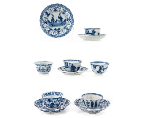 Including 6 cups and 5 saucers in blue and white decors, largest saucer is 11 cm. in diameter, in diverse conditions.