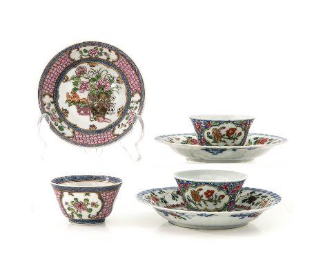 Including 3 cups and 3 saucers, Famille Verte and Famille Rose decors, including 18th Century, largest saucer is 13 cm. in di