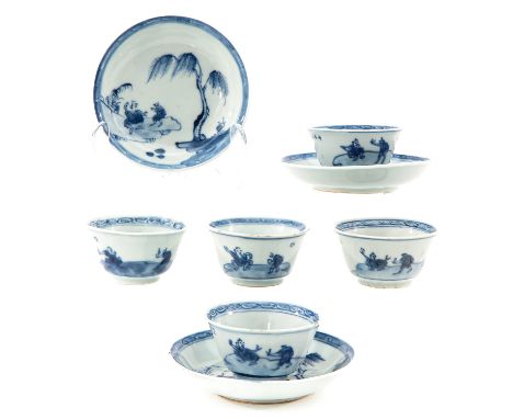 Including 5 cups and 3 saucers, depicting scene in garden with Chinese figures, saucers are 11 cm. in diameter, chip.