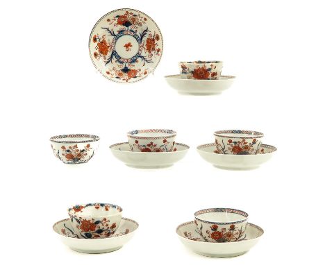 Iron red, blue and gilt floral decor, saucers are 13 cm. in diameter, chip and hairline.