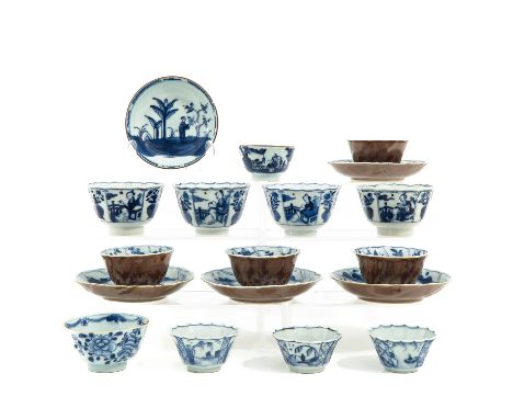 13 cups and 5 saucers in a variety of decors and sizes, including 18th Century, largest saucer is 12 cm. in diameter, chip an