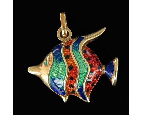 In the form of a fish, set with enamel, 23 mm. long.
