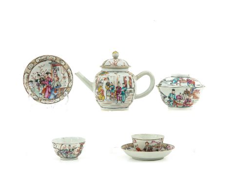 Including teapot, covered bowl, and 2 cups and saucers, 18th Century, teapot is 14 cm. tall, chip.