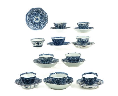 Including 10  cups and 10 saucers in blue and white decors, largest saucer is 11 cm. in diameter, in diverse conditions.