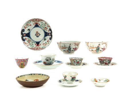 14 pieces, including small bowls, saucers, and cups, in a variety of decors and sizes, largest bowl is 15 cm. in diameter, in