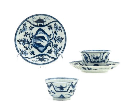 Decorated with flowers and Chinese houses, saucers are 12 cm. in diameter, chip.