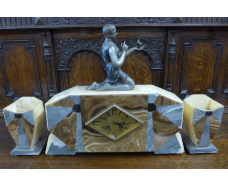 A French Art Deco marble clock garniture