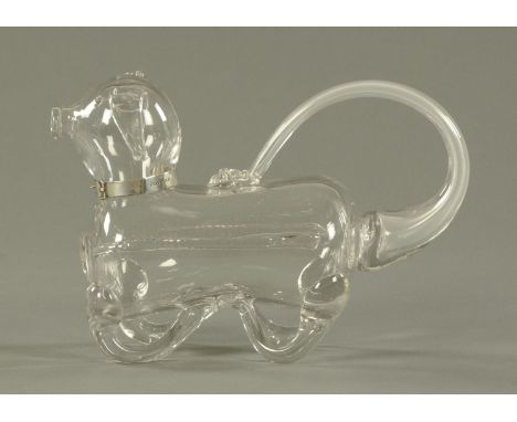 A blown glass gin pig, with silver collar, possibly for Edward Langridge & Co., Birmingham 1904.  Length 55 cm.    CONDITION 