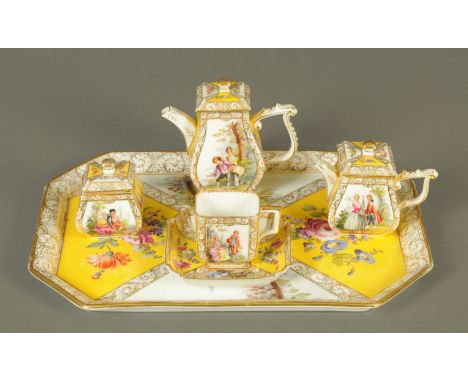 A Crown Dresden porcelain cabaret set, circa 1900, with panels of courting couples and floral sprays against a yellow ground,