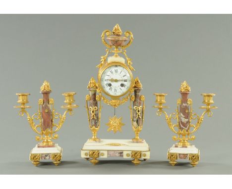 A Victorian pink variegated marble and alabaster clock garniture, with Japy Freres two-train movement striking on a bell.  Cl