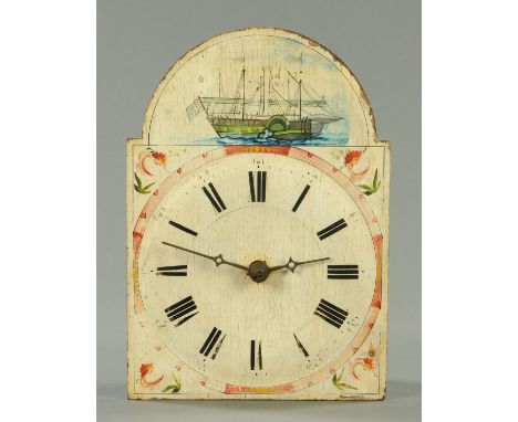 A Black Forest painted dial wall clock, with steam ship to the arch.  Width 28 cm.    CONDITION REPORT:  There are a very sma