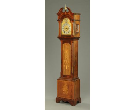 An Edwardian inlaid mahogany longcase clock, with three-train spring driven movement striking on five gongs.  Height includin