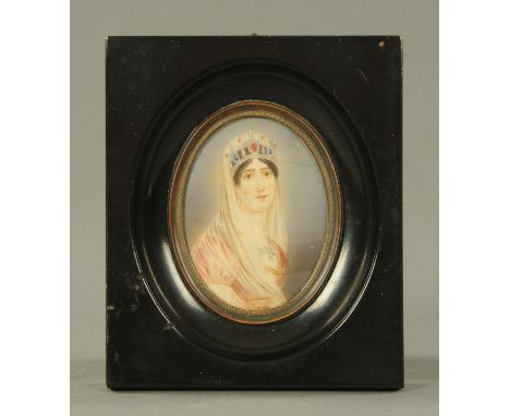 A portrait miniature on ivory of The Empress Josephine, late 19th century, in ebonised frame.  Image 8 cm x 6 cm. 