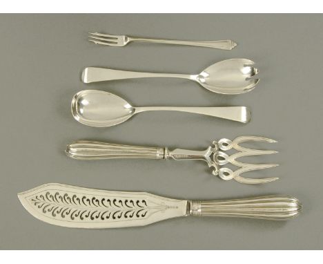 A pair of silver fish servers, John Roberts, Sheffield, 1856, pair of silver salad servers, Barker Brothers, Chester 1924, an