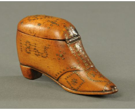 A walnut snuff shoe, initialled "BW" and dated 1865, with piquet work decoration throughout, the lid with a love heart and st