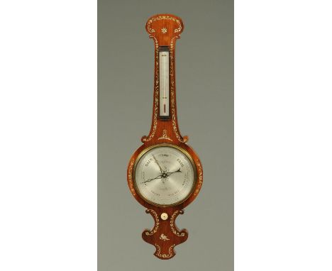 A 19th century inlaid mother of pearl rosewood barometer, by Telford of Carlisle.  Height 103 cm (see illustration). 
