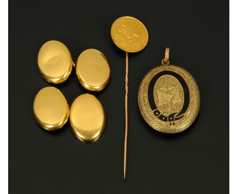 A pair of 9 ct gold cufflinks, a gold stick pin mounted with a Turkish 25 kurush coin and a Victorian memorial locket, weigha