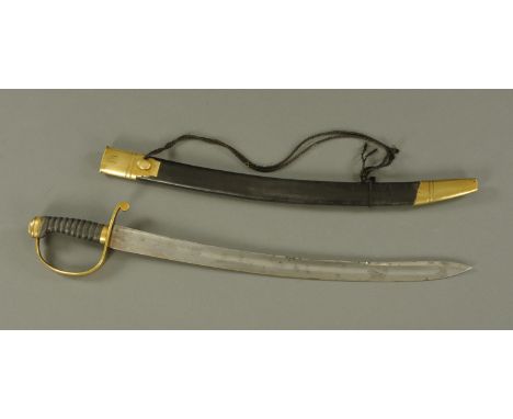 An early 19th century police hangar (sword), with shagreen grip and brass mounted scabbard inscribed "44".  Overall length 75