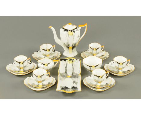 A Shelley Sunset & Tall Trees coffee service, 6 cups, 6 saucers, 6 plates, sugar basin, cream jug, coffee pot and rectangular