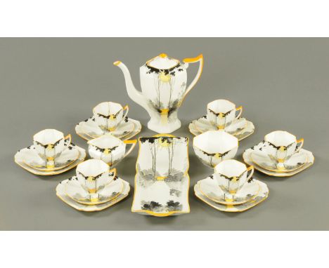 A Shelley Sunset & Tall Trees coffee service, 6 cups, 6 saucers, 6 plates, sugar basin, cream jug, coffee pot and rectangular