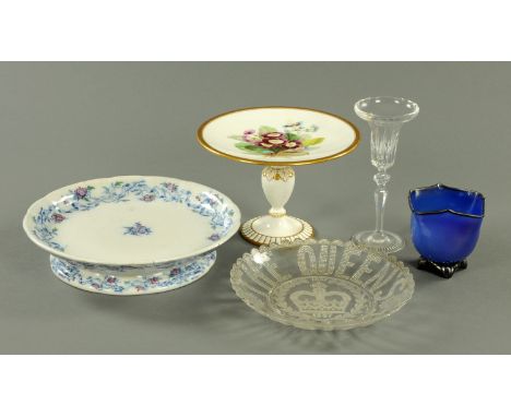 A Victorian tazza, a bread plate, signed blue Art Glass vase, glass candlestick and pressed glass Victoria Jubilee plate. 