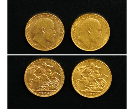 Edward VII, 2 x sovereigns, 1906 and 1907, some light surface scratches, F-VF.