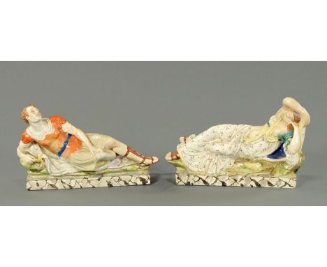 A pair of Staffordshire pearlware figures, Mark Anthony and Cleopatra, circa 1820, each modelled in a reclining pose on a fau