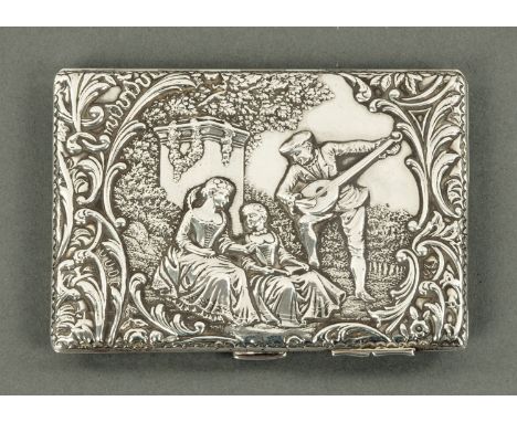 An embossed silver card case, Henry Matthews, Birmingham 1899, decorated with two seated ladies and a lute player within a ga