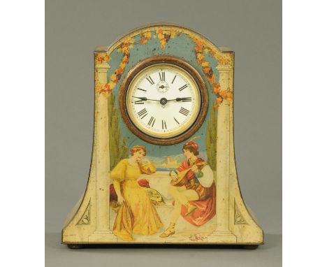 A late Victorian tinplate mantle clock, with spring driven single-train movement.  Width 27.5 cm. 