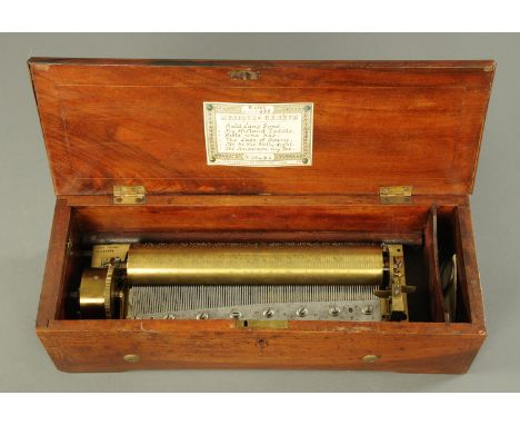 A late 19th century Nicole Freres musical box, with inlaid rosewood and boxwood strung case, playing six airs, Auld Lang Syne