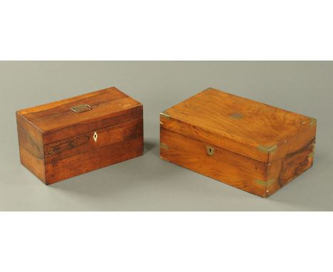 A rosewood tea caddy, late George III, width 30 cm, and a Victorian walnut writing slope with brass mounts, width 35 cm. 
