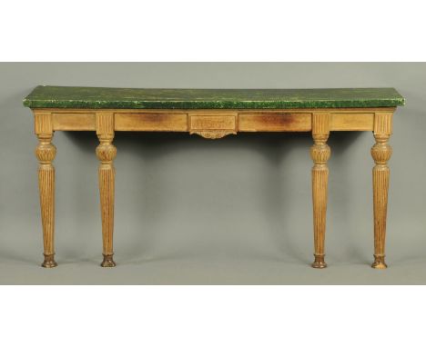 A 19th century oak console table, with simulated marble top, in the Adams style and raised on four front stiff leaf carved an