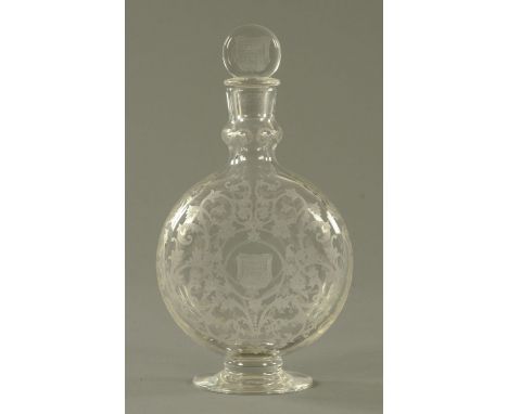 A Baccarat etched glass flask, moon shaped, with stopper, etched mark to base also inscribed to both pieces "237".  Height 27