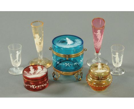 A small collection of Mary Gregory style glass, to include a blue glass container with metal mounts, amber glass pot with hin