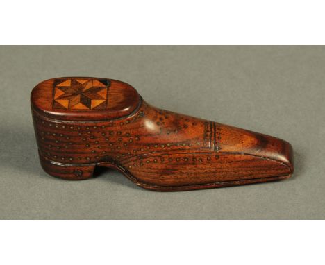 A rosewood and pique work shoe form snuffbox, the top with inlaid star motif and with geometric pique decoration above the hi
