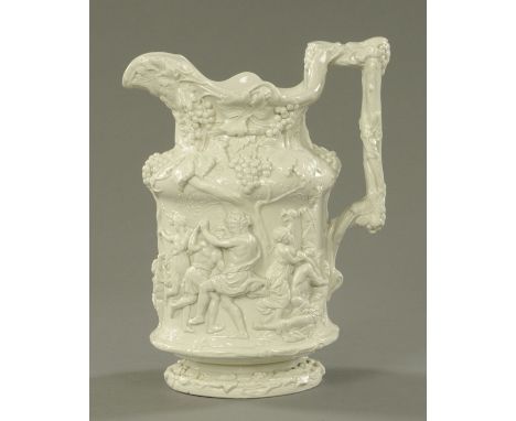 A "Bacchanalian Dance" jug by Charles Meigh, first registered 1844, relief moulded with fruiting vines above dancing figures,