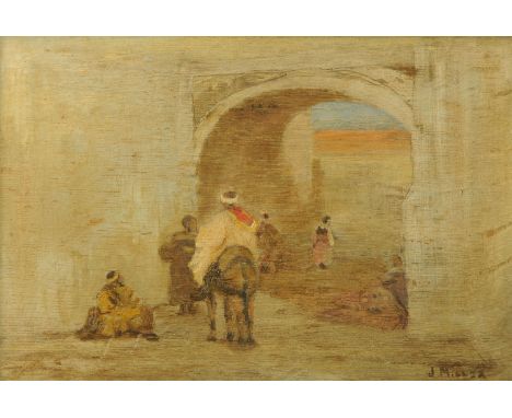 J. Millar, late 19th century, Arabian street scene, signed, oil on panel.  19 cm x 28 cm.
