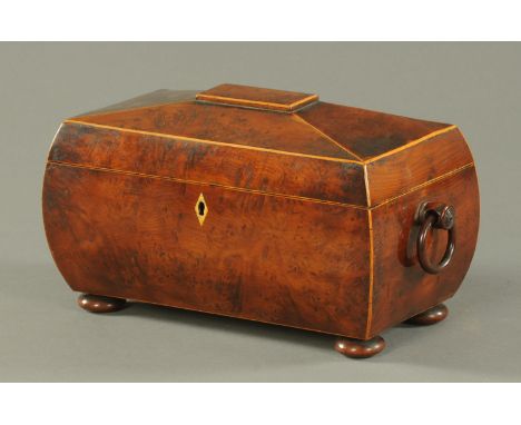 A Regency yew wood tea caddy, bombe form, with carrying handle to either side and raised on bun feet.  Width 31 cm (see illus