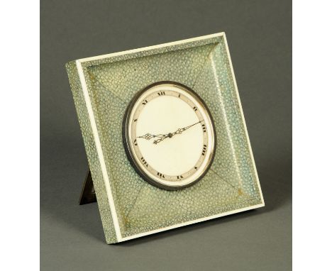 A shagreen mantle clock, circa 1920, with ivory edge, silvered chapter ring, Roman numerals, blued hands, eight day Swiss mov