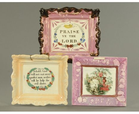 Three Sunderland lustre plaques, 19th century, two with religious texts with shell and scroll moulded borders, the other with