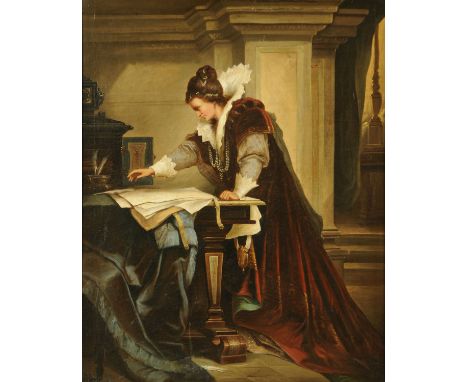H. Talboth, oil on canvas, historical scene, lady reading documents.  67 cm x 53 cm, framed, signed (see illustration).    CO