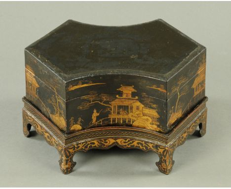 A Chinese export lacquer games box cover and stand, early 19th century, each piece with gilt decoration against a black lacqu